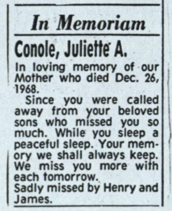 Obituary, Juliette Conole