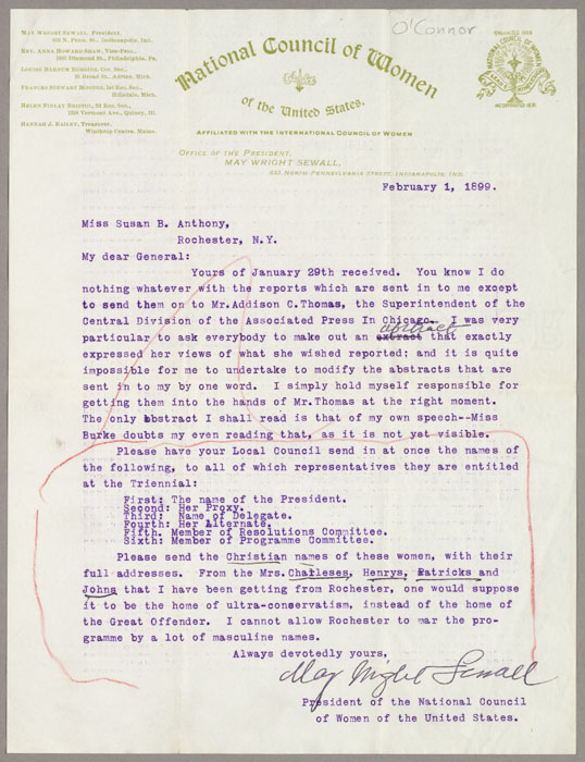 Letter, May Wright Sewall to Susan B. Anthony