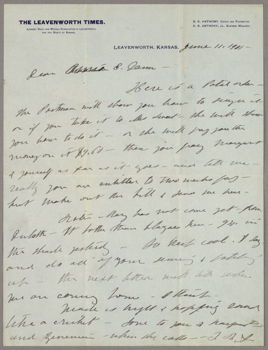 Letter, Susan B. Anthony to Anna Dann Mason