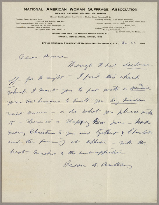 Letter, Susan B. Anthony to Anna Dann Mason