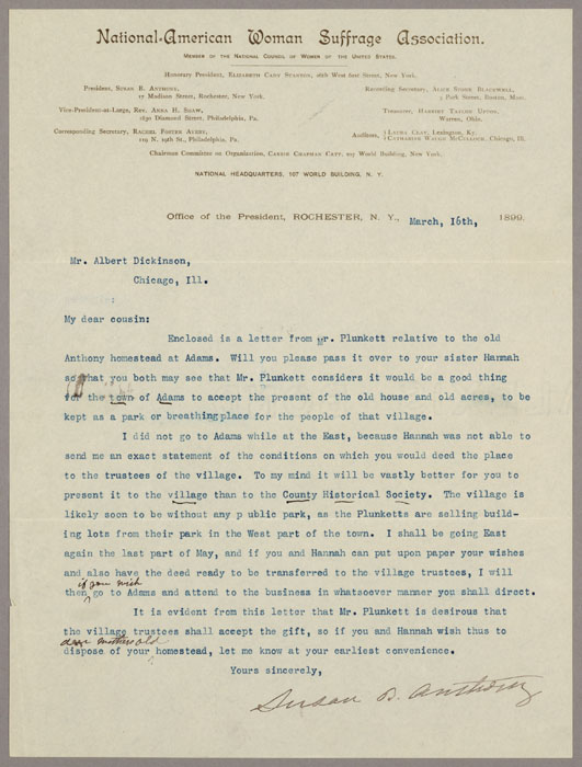 Letter, Susan B. Anthony to Albert F. Dickinson